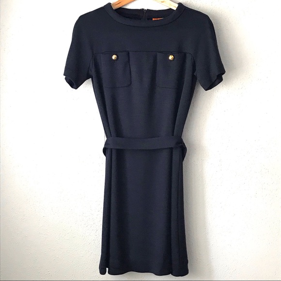 navy blue dress with gold buttons